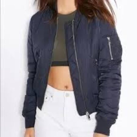 Evereve Aviator Bomber Flight Jacket Navy Blue Zip Front Ribbed Collar Pockets L - Picture 1 of 9
